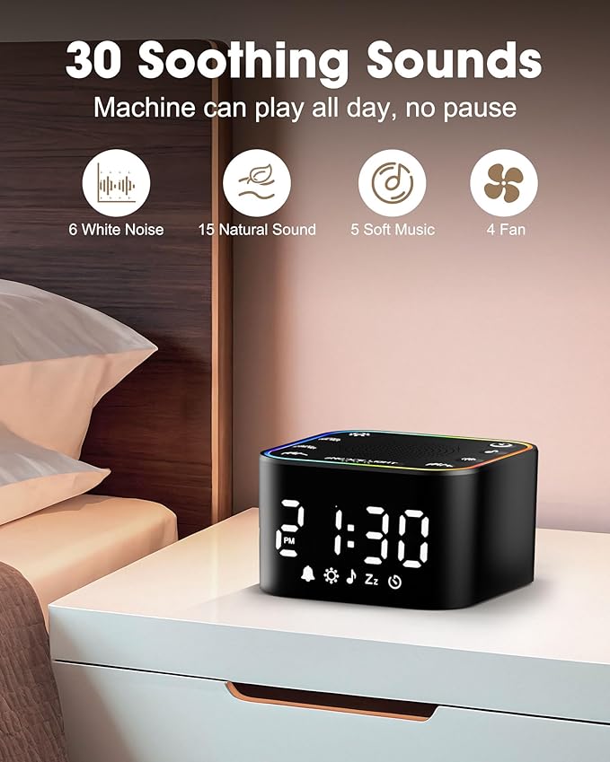 Alampan White Noise Sound Machine with Alarm Clock, 30 Soothing Sounds, Noise Machine for Sleeping, RGB Night Light, Digital Clock, Adults, for Bedside, Nightstand, Including Fan, Rain, Bird, Ocean