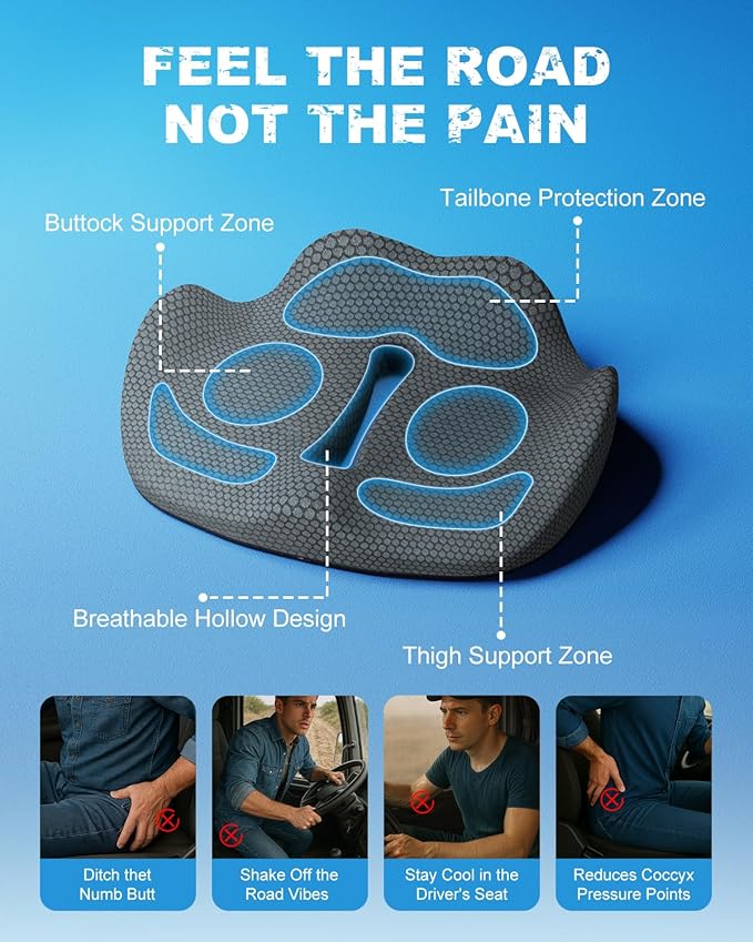 Memory Foam Truck Seat Cushion with TPE Gel Support, Truck Seat Cushion with Non-Slip Washable Cover for Back Support & Pain Relief During Long Drives(Dark Gray)