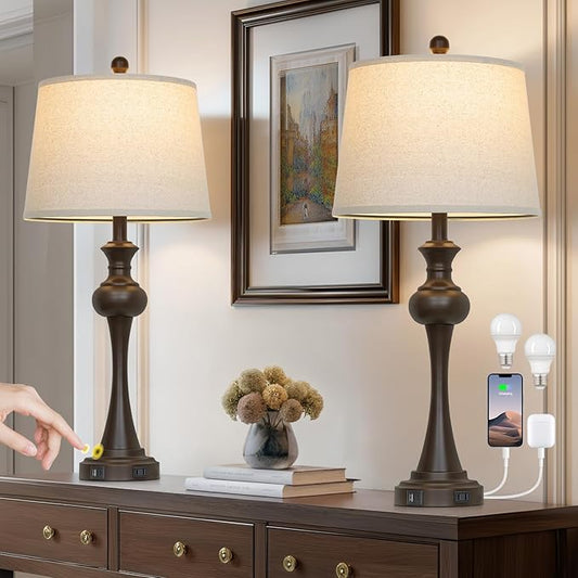 Touch Table Lamps Set of 2, 28.75" Tall Bedside Lamps with USB C+A Ports, 3-Way Dimmable Table Lamp, Nightstand lamps for Bedroom, Living Room, Office, Brown Lamps with Beige Lampshade, Bulbs Included