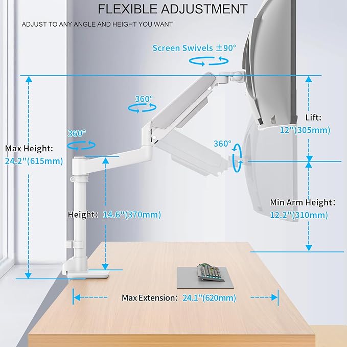 Monitor Arm for 17 to 60 inch, Hold 44 lbs, Fully Adjustable Heavy Duty Desk Mount, Monitor Stand Fit 57 55 49", Ultrawide Monitors Bracket Clamp/Grommet Base VESA 75x75/100x100 (White)