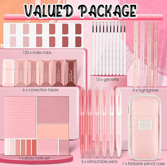 Janlaugh 38 Pcs Aesthetic College School Supplies with Pen Case Sticky Notes Gel Pens Highlighters Correction Tapes Back to School Stationery Kit(Pink Color,Classic)