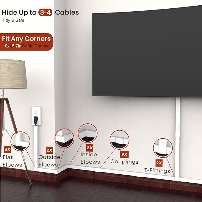 Cord Hider, Wire Cover, Cord Covers Wall Mounted TV, Cable Hider, 157 in Paintable White Raceway Kit, Electrical Cords Concealer, Cable Management, Hide Cords Wall, Wire Molding, Adhesive Channel