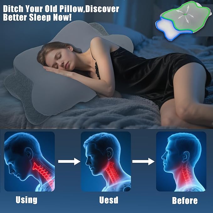 Memory Foam Pillows Cooling Cervical Pillow for Neck and Shoulder Pain Relief Ergonomic Contour Bed Pillow for Side Sleep Stomach Sleeping and Back Sleeper (Dark Grey, Queen-23.2''Lx15.1''Wx4.7''H)