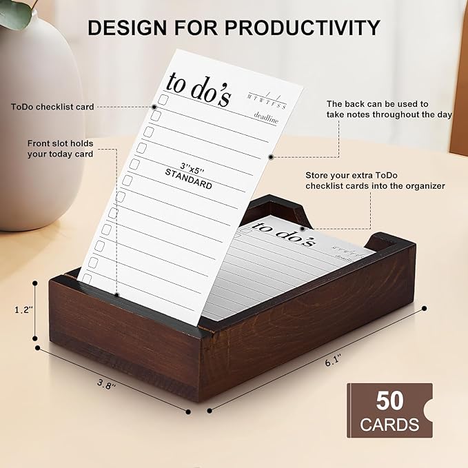Daily To Do List Planner - 50 ToDo Checklist Cards 3x5'' with Wooden Stand - Undated Daily Planner Notepad Perfect for Daily Tasks and Goal Setting, Enhanced Productivity, Work Office Accessories