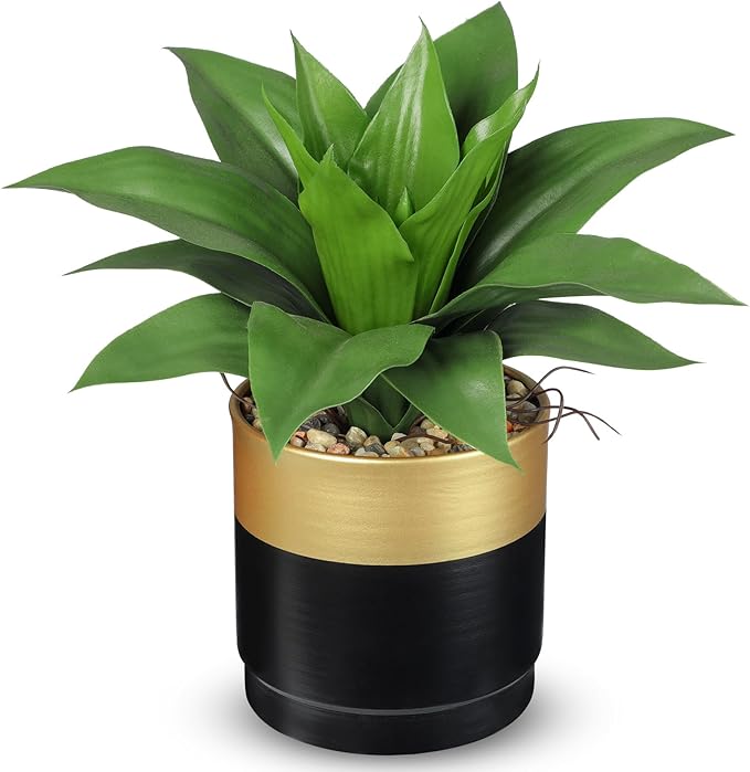 Briful Agave Artificial Wide Leaf Plant in Black and Gold Pot – 10.2” Tall Faux Greenery with Plastic Leaves & Pebble Base, Fake Plants for Indoor Table Decor, Desk, Shelf, Office or Bathroom