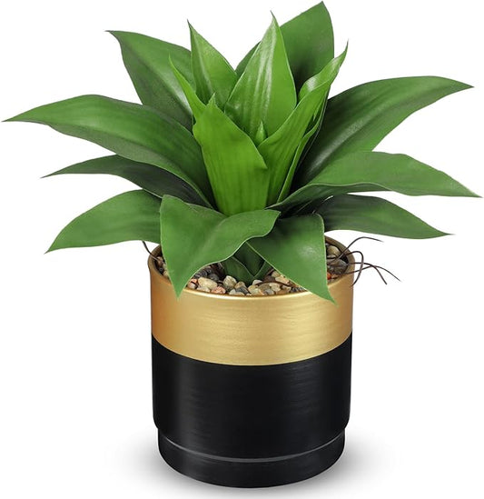 Briful Agave Artificial Wide Leaf Plant in Black and Gold Pot – 10.2” Tall Faux Greenery with Plastic Leaves & Pebble Base, Fake Plants for Indoor Table Decor, Desk, Shelf, Office or Bathroom