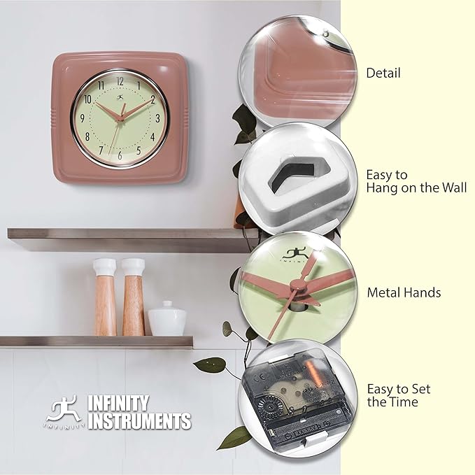 Infinity Instruments Square Retro Wall Clock, Terracotta, 9.25"
