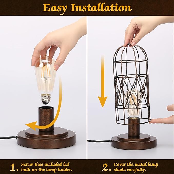 Small Touch Lamp, Industiral Bedside Table Lamps with Antique Bronze Cage, 3 Way Dimmable Nightstand Steampunk Edison Lamp for Bedroom Living Room Kitchen, LED Bulb Included