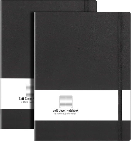 B5 College Ruled Notebook Softcover Journals(2-Pack)- AHGXG Large Composition Notebook 7.6 x 10 inch with Thick 100gsm Lined Paper, Total 408 Numbered Pages, Black Black