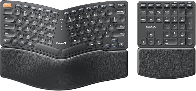 ProtoArc Wireless Ergonomic Keyboard, EK04 2.4GHz Wireless Ergo Keyboard with Separate Numeric Keypad, Split Design, Hard Wrist Rest, Rechargeable, for Windows PC/Laptop/Desktop