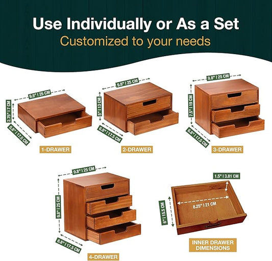 4-piece Drawer Cabinet Bundle Set - Modern Mahogany Wood Stackable Units - Multi-level Drawer Desktop Storage Organizers (4-Pack)