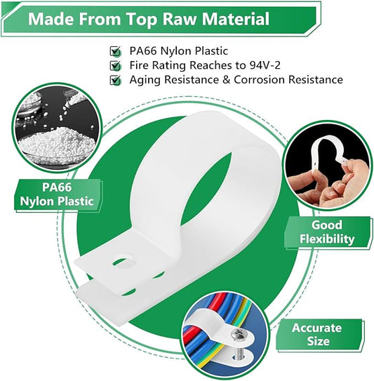 Cable Clips for Cable Management Cord Organizer, 6 Sizes 290 PCS Nylon R-Type, 3/16'' 1/4'' 3/8'' 1/2'' 3/4'' 1'' White Plastic Screw Mounting Cord Fastener Clamp Assortment Kit with M4 Screws