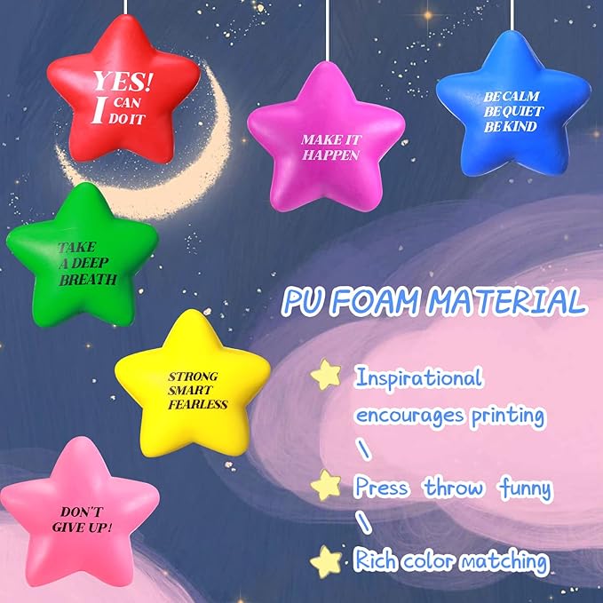 Chalyna 30 Pieces Motivational Star Stress Ball Quote Relief Ball, 2.2 Inch Pu Foam Stress Balls Bulk Sensory Star Ball Gifts for Kids Teens Adults Relieve Anxiety Party Supplies (Assorted Colors)