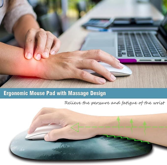 Ergonomic Mouse Pad with Wrist Support, Desktop Mouse Pad Wrist Rest Design and Non-Slip PU Base, Computer Mousepads for Pain Relief, Office & Home, Fog Forest