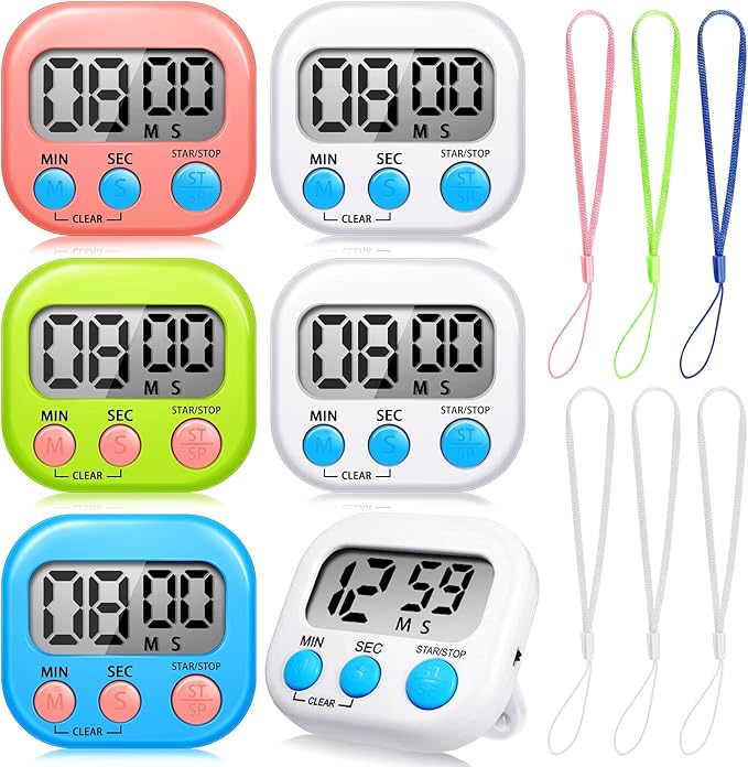 Flutesan 6 Pack Digital Kitchen Timer First Day of School Back to School for Cooking with 6 Pcs Lanyard Magnetic Back and On/Off Switch Second Minute Count up Countdown
