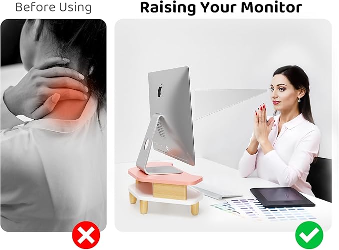 Monitor Stand Riser,2 Tier Corner Wood Monitor Stand Sturdy Computer Stand Multi-Purpose Desktop Storage Stand for Laptop,PC,iMac,Printer,Computer,Pink