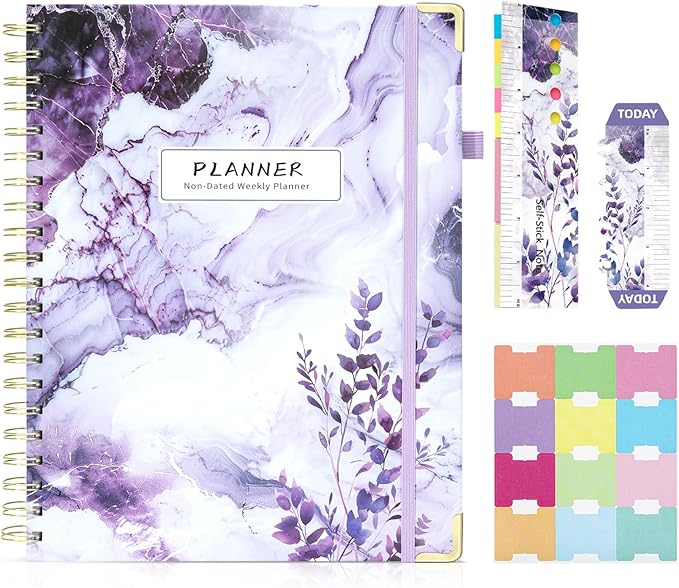 Ospelelf Academic Planner Undated Daily Spiral Binding Weekly Monthly Hardcover Planners with Stickers 12 Months Productivity Aesthetic Journey Letter Size Purple Marble