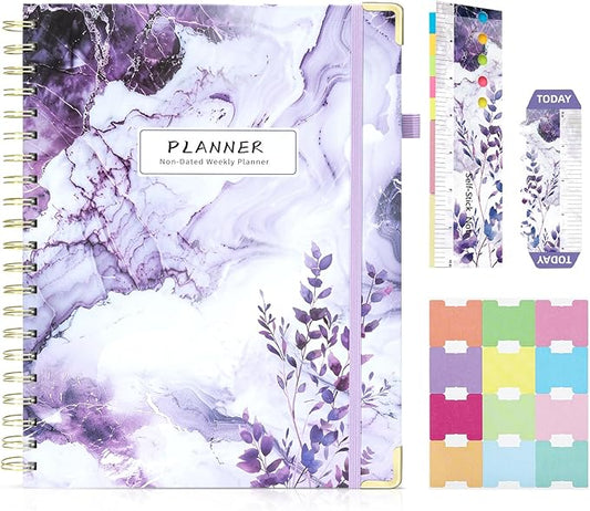 Ospelelf Academic Planner Undated Daily Spiral Binding Weekly Monthly Hardcover Planners with Stickers 12 Months Productivity Aesthetic Journey Letter Size Purple Marble