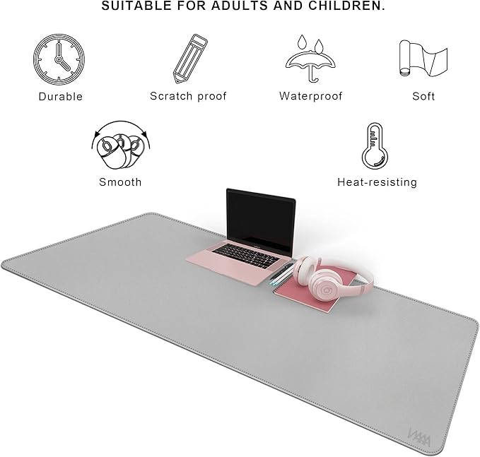 VYAAA Leather Desk Mat, 55"×24" Large Mouse Pad, Desktop Protector for Desk, Multifunctional Keyboard Mouse Pad for Home or Office (Light Gray)