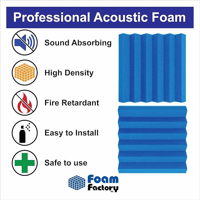 Foam Factory Inc 24 Pack Color Acoustic Foam Panel Studio Soundproofing Wedge Wall Tiles 12” X 12” X 2” (Blue)
