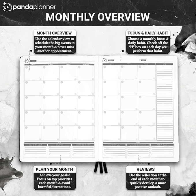 Panda Planner Weekly 2025-2026, Undated Weekly Planner for Office, School & Home – 8"x11" Soft Vegan Leather Organizer Notebook with To-Do Lists, Habit Tracker, Notes & Agenda – Black