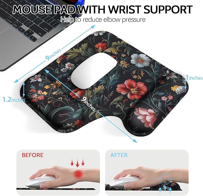 Ergonomic Mouse Pad with Gel Wrist Rest (1"& 1.2" Dual Height) - Mouse Pads Compact Mousepad Desk Mat Office, Gaming & Carpal Tunnel Relief | Non-Slip Rubber Base Dark Floral