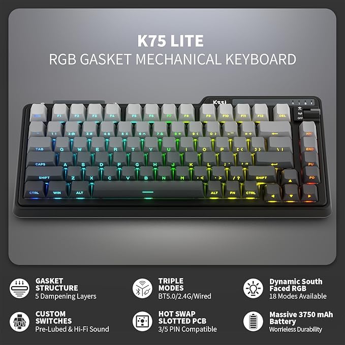 K75 Lite Wireless Mechanical Keyboard, 75% Gasket Mount RGB Gaming Keyboard w/ 3-Mode Knob BT 5.0/2.4G/USB-C Wired, Hot Swappable, 5-Layer Padding & Creamy Linear Switches, Compact 82 Keys