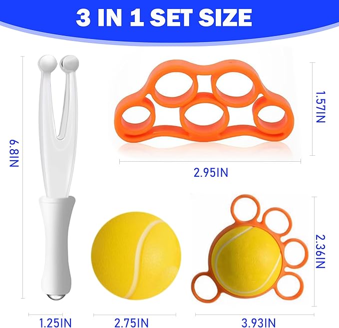 Hand Grip Strengthener Exercise Set, 3pcs Hand Therapy Kit with Squeeze Balls for Hand Therapy, Finger Roller Massage Tool,Finger Resistance Bands,White & Orange, Silicone