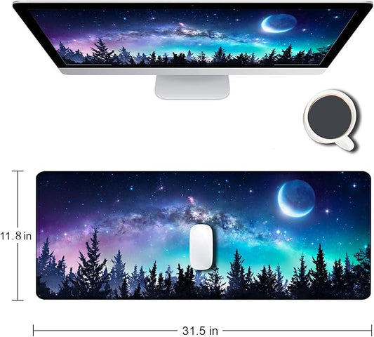 Gaming Large Mouse Pad with Stitched Edges, Galaxy Desk Mat, Extended Keyboard Pad, Non-Slip Rubber Base Desk Pad for Keyboard and Mouse, 31.5X11.8 inch, Moon Starry Sky