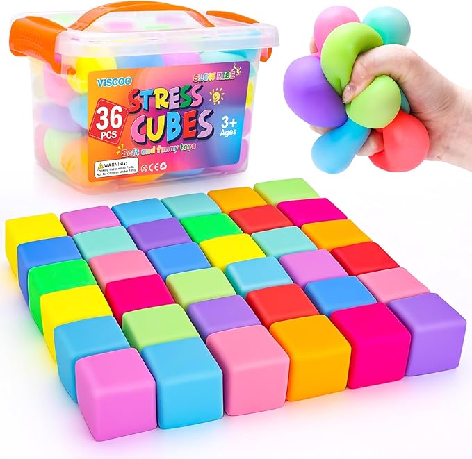 36 Pack Slow Rising Stress Cube, Dough Stress Balls Squishy Fidget Toys Bulk for Anxiety Relief, Soft Fidget Cube, Pull Stretch Squishy Toys for Classroom Prize, Party Favors for Kids Adults