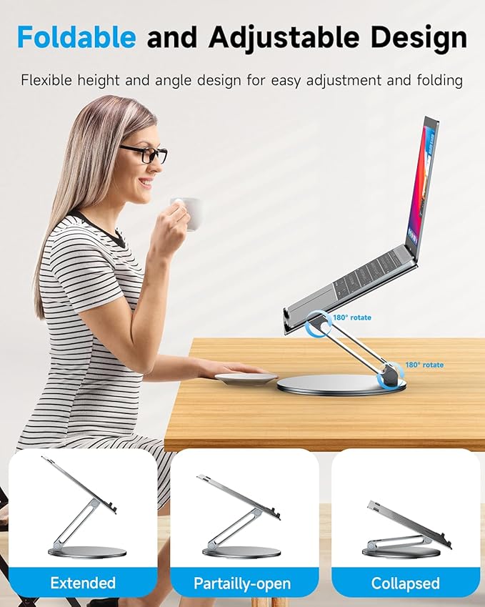 Adjustable Laptop Stand for Desk, 360° Rotating Aluminum Computer Stand with Cooling Vents, Ergonomic & Foldable Notebook Riser, Compatible with MacBook Pro/Air, Dell XPS, HP 10-16”