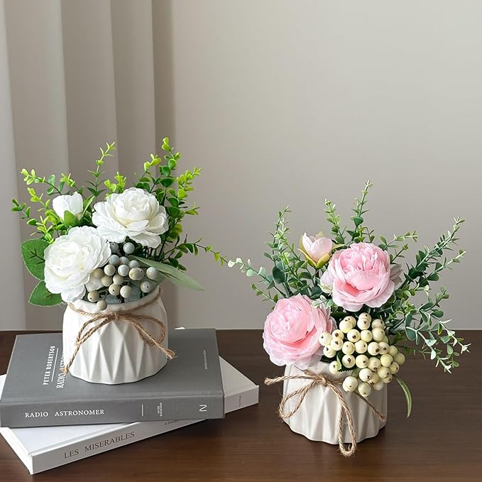 Faux Flowers with Vase, 2pcs Small White Artificial Flowers Arrangement, Potted Plants,Decoration for Bathroom Home Party Office Desk Wedding,Coffee Table Decor (White/Pink)