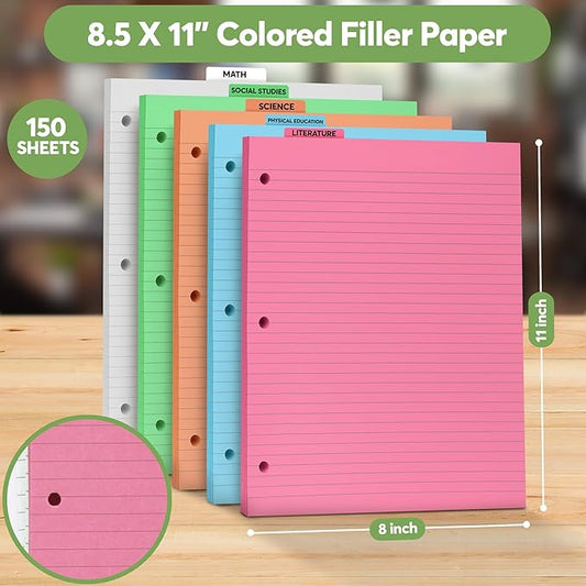 Colored Notebook Paper – 8.5 x 11, 150 Sheets – Thick 80 gsm College Ruled Colorful Loose Leaf Filler Paper – 3-Hole Punched Binder Papers for School, Office, and Journaling (Neon)