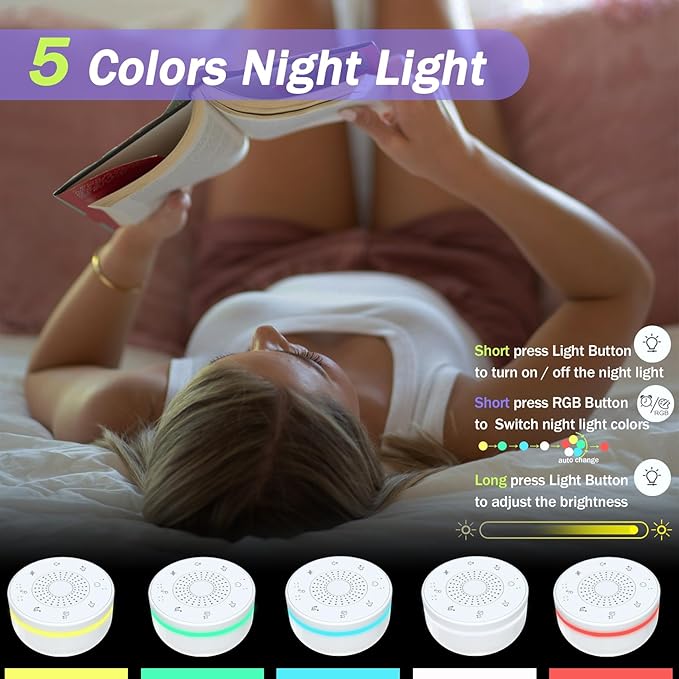 Portable White Noise Sound Machine with 30 Soothing Sounds,5 Color Night Light,3 Timers, Memory Function, Child Lock, White Noise Machine for Baby Adults Kids Sleeping Travel Office Privacy