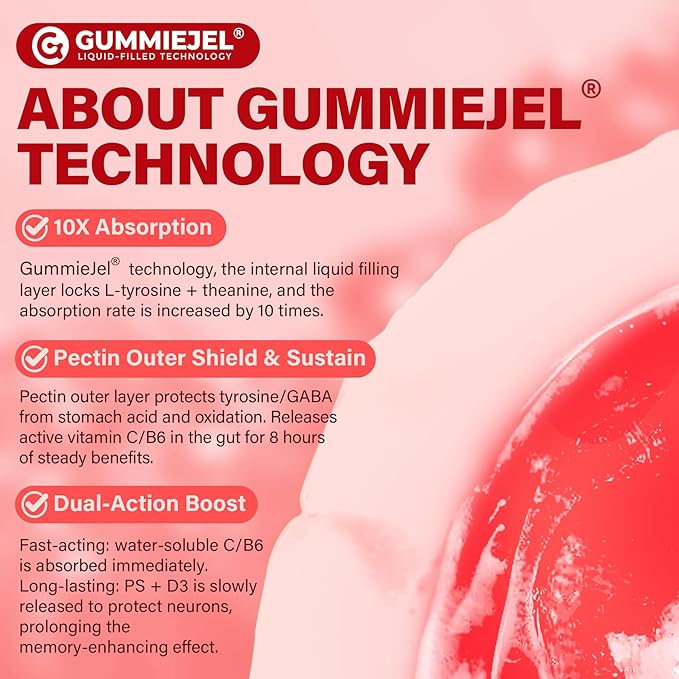 L Tyrosine Gummies Supplement 1200mg, GABA L-Theanine Supplement 200mg with Magnesium Glycinate Vitamin B6, D3 & C - Calm & Focus Gummies - Brain Supplements for Memory, Mood & Relax for Adults, Vegan