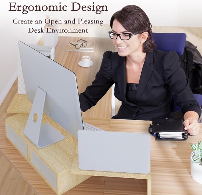 TEAMIX Dual Monitor Stand Riser - Length and Angle Adjustable White Monitor Stand with 2 Drawers to Storage Large Computer Riser for 2 Monitors/Laptop/PC, Wood Screen/TV Stand Desk Organizer (Maple)