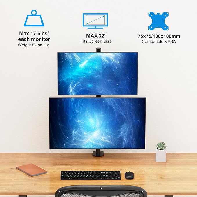 Vertical Dual Monitor Stand, Stacked Monitor Mount for 2 Screen Max 32 inches, Computer Monitor Arm Holds up to 17.6 lbs Each, Height Adjustable, Swivel, Tilt Monitor Desk Mount, VESA 75/100