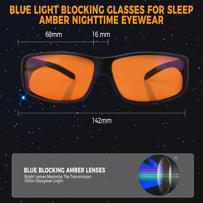 Fit Over 100% Blue Light Blocking Glasses for Sleep - Amber Nighttime Eyewear, Wraparound Sleep Glasses, Anti-Blue Blocking Computer Gaming Glasses for Men Women, Black