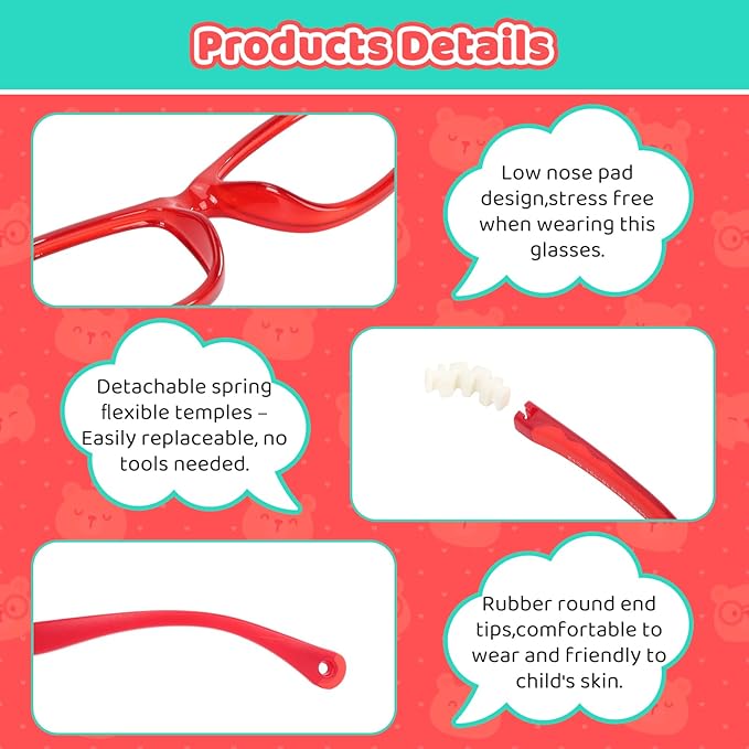 BiBiBear Toddler/Kids/Teens Glasses - Unbreakable TR90 Frame, 180° Flexible, Lightweight & Safe Glasses for Kids Age 2-15
