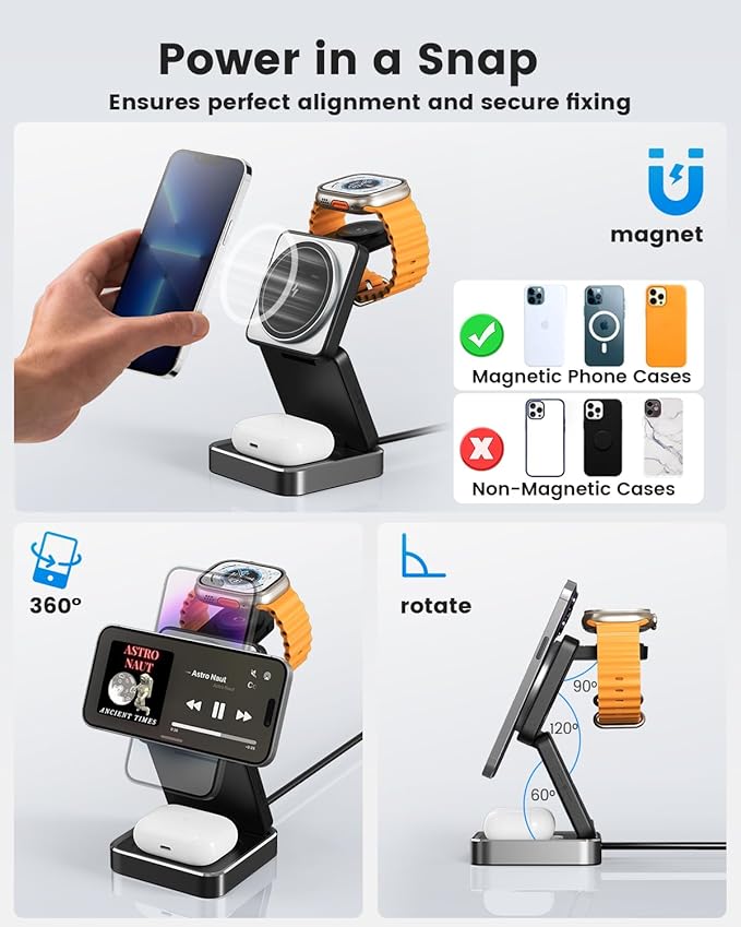 3-in-1 Wireless Charger for iPhone,15W Fast Wireless Charging Station Compatible with Mag-Safe Charger,Magnetic Foldable Travel Charger Stand Nightstand for iPhone 16/15/14/13/12,Apple Watch&AirPods
