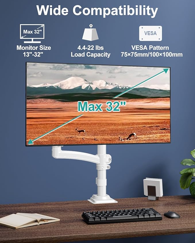 Single Monitor Mount Arm, VESA Desk Mount Stand for 13-32 inch Computer Screen up to 22 lbs, Adjustable Height Tall Monitor Arm with Tilt Swivel Rotation, VESA 75 100mm, White, Freelift