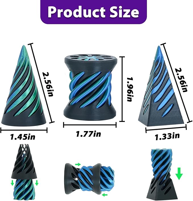 3 Packs Impossible Spiral Cone Fidget Toys,3D Printed Pyramid Passthrough Sculpture,Mini Sensory Toy for Stress Relief Anxiety Relaxation,Desktop Decor Gifts for Adults & Kids (Green Black)