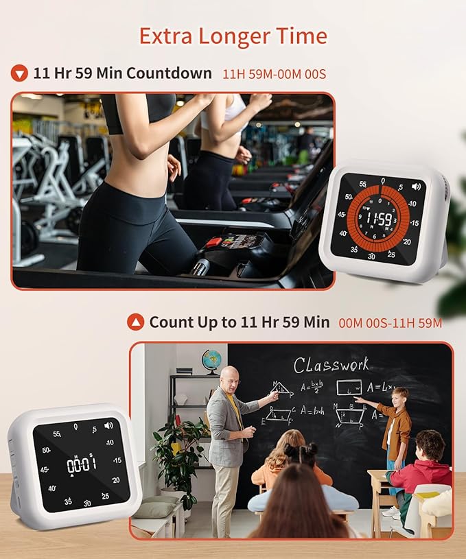Digital Visual Timer - Max 11H 59M Rechargeable Countdown Timer with VA Display, Clear Digits, Adjustable Volume and Brightness, Magnetic Digital Timer for Kitchen, Classroom, Office (White)