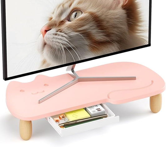 Monitor Stand Riser, Cat-Shaped Sturdy Wood Multi-Purpose Desktop Organizer for Computer, Laptop, Printer, TV, Pink