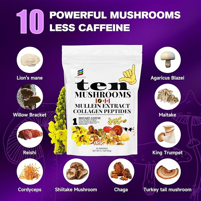 SUNDAFONE Mushroom Coffee with Grass-Fed Collagen, Mullein,Lion's Mane, Reishi and 10 Adaptogenic Mushrooms; Super Instant Cold Brew Protein Iced Coffee Blend; 0g of Sugar, Low Caffeine, 30 Servings