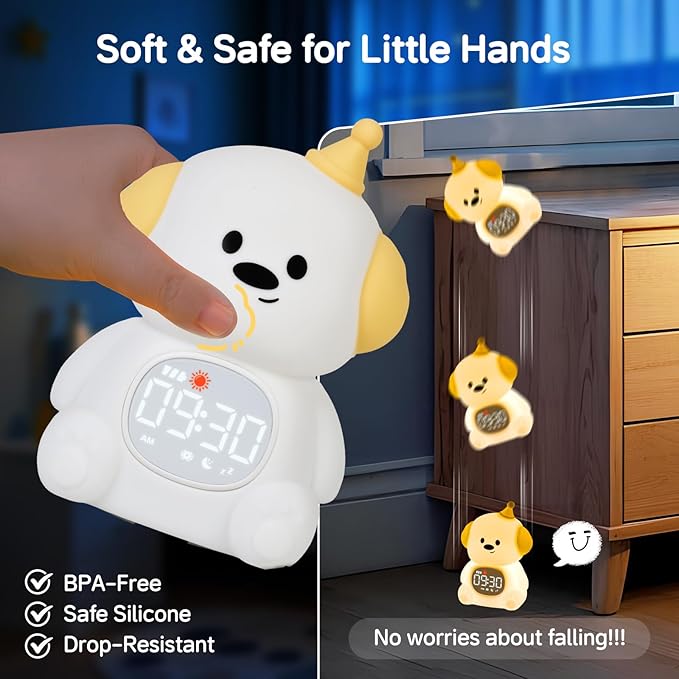Alarm Clock for Kids with Night Light, Sleep Training Clock Time to Wake Clock, Rechargeable Silicone Light for Bedroom, Perfect Sleep Companion for Boys Girls,Dog