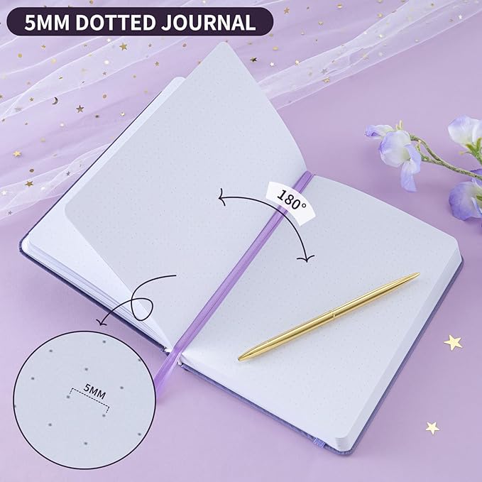Dot Grid Journal with 160GSM Thick Paper, 192 Pages, A5 Dotted Notebook for Work, School, Travel | 180° Lay Flat, Foil Stamped Cover, Elastic Band, 2 Bookmarks & Inner Pocket (Purple)
