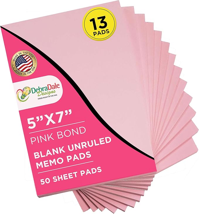 MADE IN USA – Debra Dale Designs Pink Note Pads 5"x7" – 13 Pads, 50 Sheets Each – 20lb Bond Memo Paper for Office Notes & Everyday Writing
