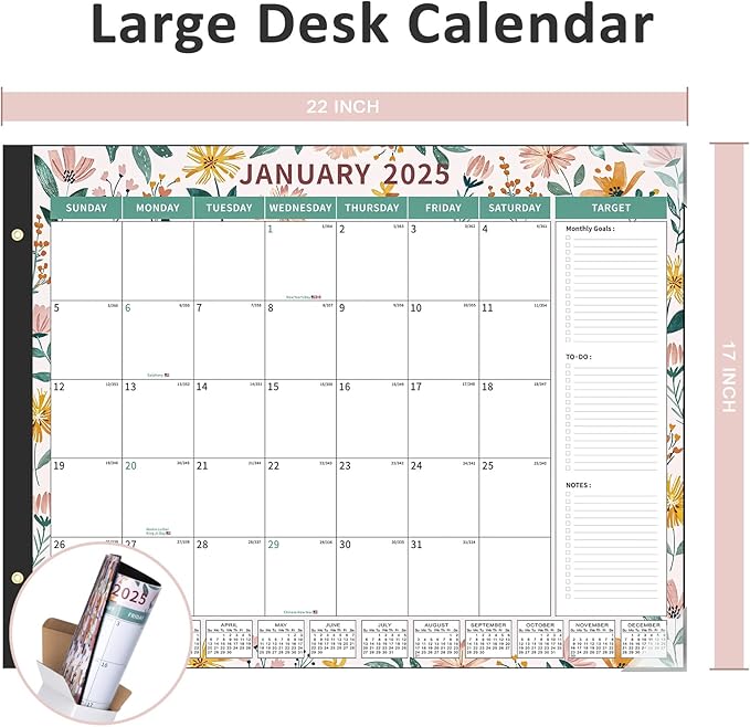 Ospelelf Desk Calendar 2025-2026 Large 22"x17" Monthly Planner Pad with Plastic Cover 18 Months Ditsy Floral