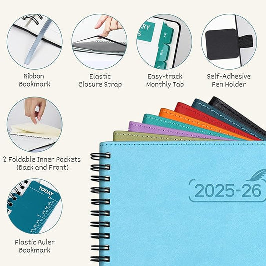 BEZEND 2 Year Monthly Planner 2025-2026 Medium Size 7" x 9" (Jan 2025 - Dec 2026) Spiral Calendar Book with Tabs, 120 GSM Thick Paper, Storage Pockets & Notes, PU Leather Softcover in Black